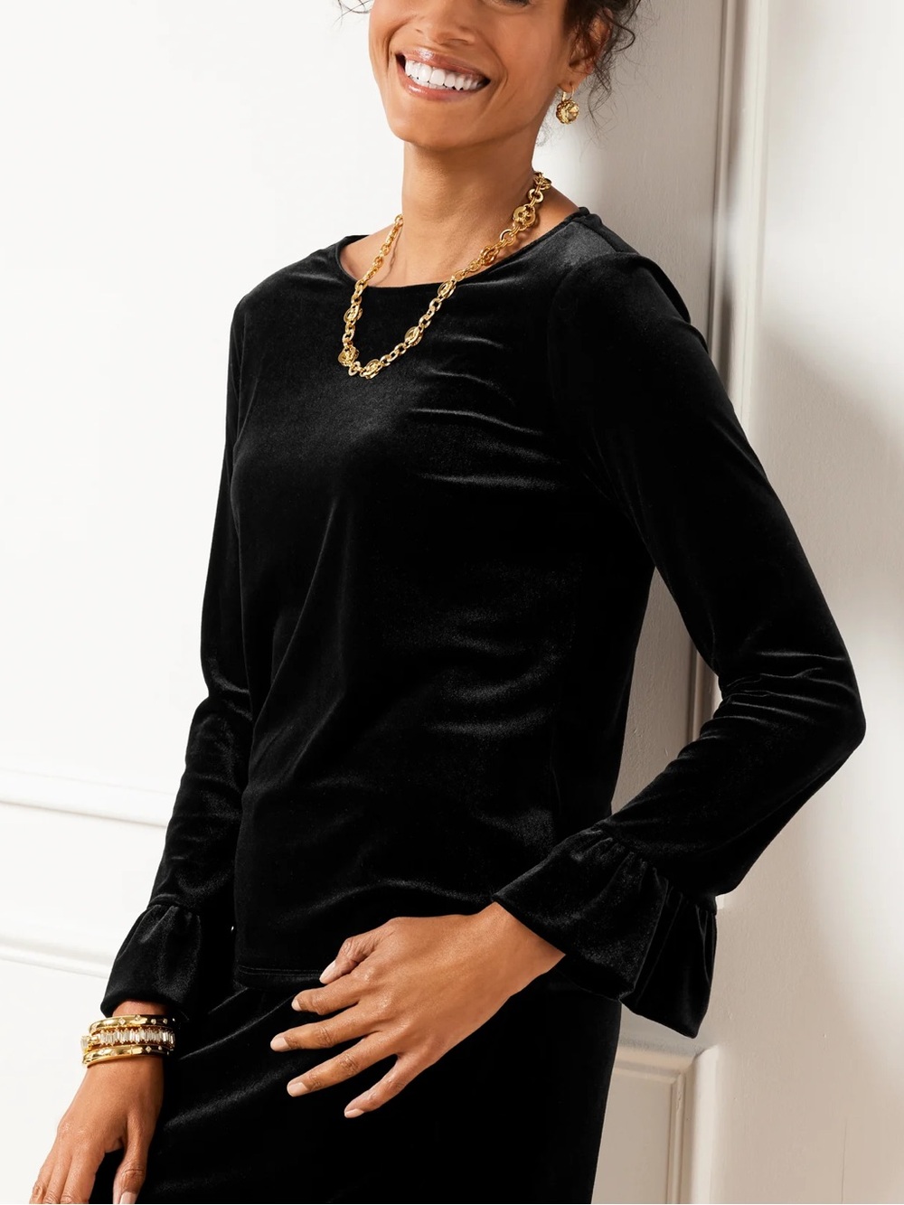 Talbots Women Petite SP Black Ruffle Sleeve Bow Back Stretch Velvet Top NWT